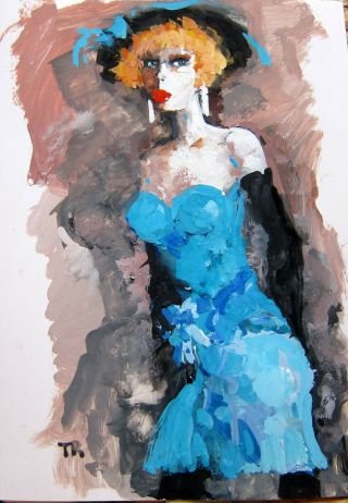 Gouache Watercolor Girls Vintage Erotic Glamour Blue Fine Art