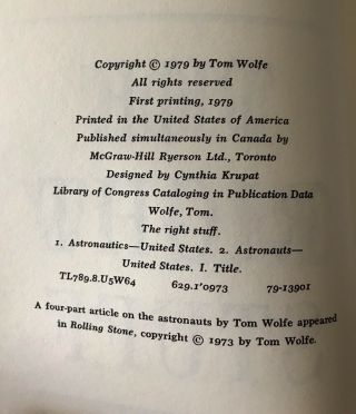 First Edition of Tom Wolfe ' s The Right Stuff 1979 DJ HC VG,  /F Astronauts F.  S.  G. 5