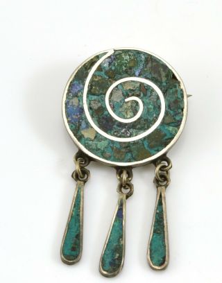 Vintage Sterling Silver Mexican Pendant / Brooch With Inlaid Turquoise