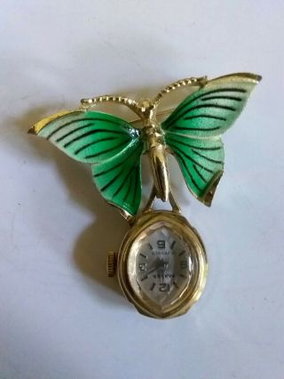 Vintage 17 Jewels Parker Necklace Pendant Wind Up Watch On Butterfly Pin