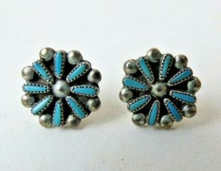 Vintage Zuni Sterling Silver Turquoise Needlepoint Petite Stud Earrings