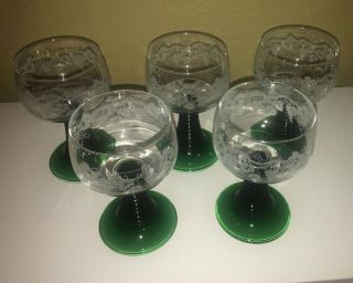 Vintage German Glass Green Beehive Stem Wine Goblet Set Of 5 Leaf/grape Etched