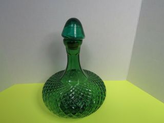 Vintage Diamond Ribbed Green Decanter Textured Italian Art Glass 13 " Tall