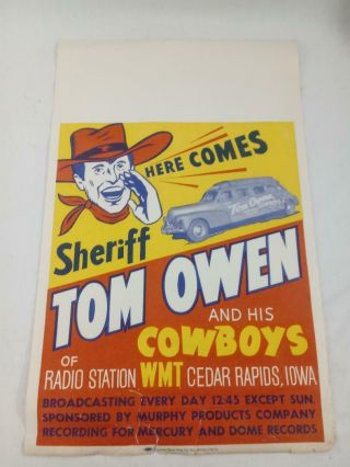 1950 Sheriff Tom Owen And His Cowboys Western Swing Vintage Concert Poster `