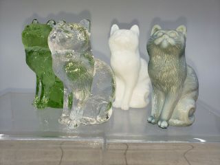 Vintage 4 Mosser Signed Glass Cats Green,  White,  Lt Blue,  Clear, .