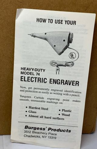 (AG) Burgess Vtg Vibro Graver Electric Engraver Model 74 115 Volts 60hz 12 watt 3