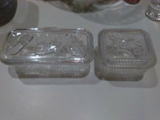 Set Of 2 Vintage Clear Glass Ribbed Refrigerator Dishes W/ Embossed Fruit Lids