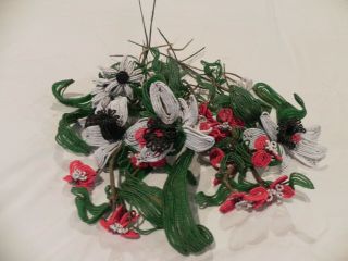 30 Hand Made Vintage Beaded Flowers 3 Styles Red White Black Plus Glass Leaves