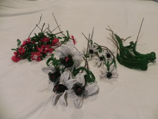 30 hand made vintage beaded flowers 3 styles red white black plus glass leaves 2