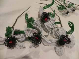 30 hand made vintage beaded flowers 3 styles red white black plus glass leaves 3