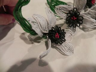 30 hand made vintage beaded flowers 3 styles red white black plus glass leaves 5