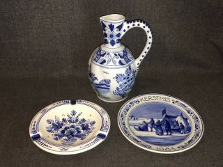 Vintage Dutch Blue Delft Small Pitcher,  Ash Tray,  & Kerstmis 1983 7 " Plate