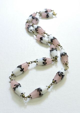 Vintage Pink White Black Feathered Lampwork Art Glass Bead Necklace Jn19145