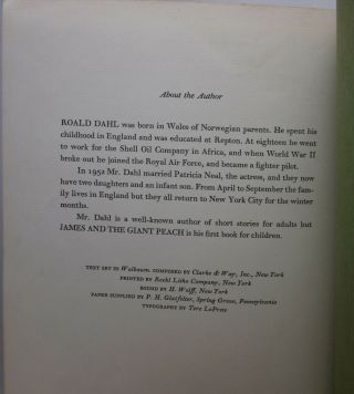 James and the Giant Peach - Roald Dahl - First Edtion 1st State Wolff Colophon 2