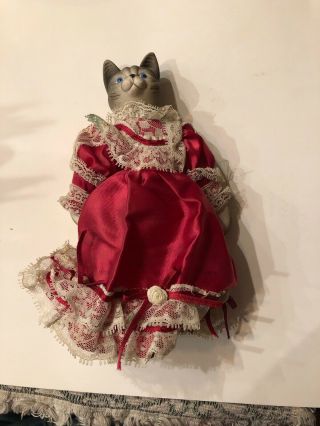 Vintage 8” Cat Doll Porcelain & Plush Body W/red Victorian Dress