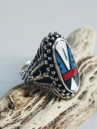 Vintage Native American Sterling Silver Multi Stone Inlay Ring - Size 6.  5