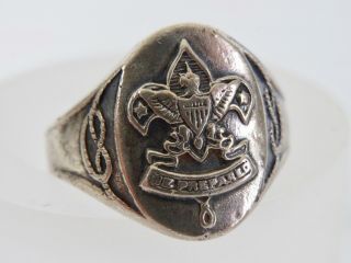 Vintage Sterling Silver Boy Scout Ring " Be Prepared " Eagle & Knot Design Size 8
