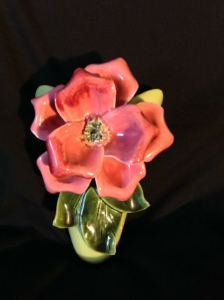 Vintage Ceramic Wall Pocket With Applied Pink Rose And Green Leaves Green Vase