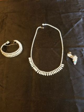 Vintage B.  David 3 Pc.  Clear Rhinestone Necklace Earrings Bracelet Set