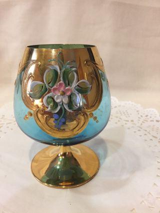 Vintage Brandy Goblet - Moser Bohemian Turquoise Enamel Raised Floral - 24k Gold