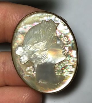 Vtg Carved Mother Of Pearl Mop Gold Tone Cameo Portrait Costume Brooch Pin