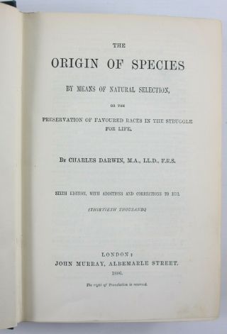 1886 CHARLES DARWIN THE ORIGIN OF SPECIES 6th EDITION EVOLUTION/NATURAL HISTORY 6