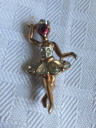 Vtg Trifari 1950s Red Rhinestone Glass Vermeil Ballerina Dancer Brooch Pin
