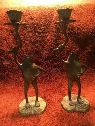 Vintage Brass Frog Candle Stick Holders Standing On Lilly Pad 10 " Tall