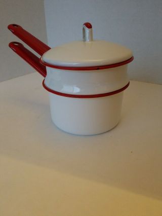 Vintage Enamel Double Boiler Pots White Red Trim With Lid 3 Pc Set
