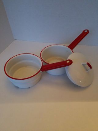 Vintage Enamel Double Boiler Pots White Red Trim With Lid 3 pc Set 2