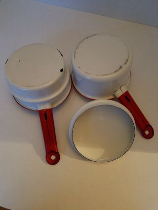 Vintage Enamel Double Boiler Pots White Red Trim With Lid 3 pc Set 4