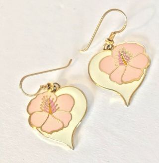 Vtg Laurel Burch Earrings Signed Hibiscus Hearts Gold Tone Enameled Cream Pink