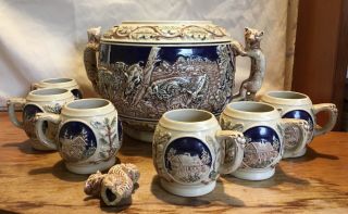 Stunning Vintage German Ceramic Stoneware Punch Bowl Tureen & 6 Mugs Set