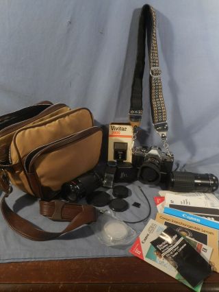 Vintage Canon Ae - 1 35 Mm Camera,  3 Lenses,  Flash,  Power Winder,  Bag & Manuals