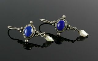Vintage.  925 Sterling Silver Blue Lapis Cultured Pearl Drop Dangle Earrings 3.  2g