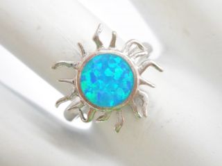 Vintage Sterling Silver Round Blue Fire Opal Sun Ring Sz 7.  25