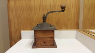 Vintage Coffee Mill Grinder Cast Iron Metal & Wood Box
