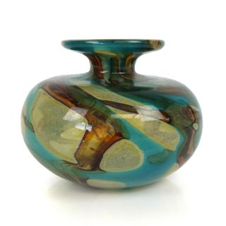 Vintage Mdina Art Glass Squat Vase Maltese Brown,  Blue & Sandy 