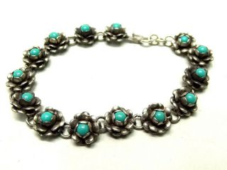 Vtg Sterling Silver Turquoise Inlay Link Bracelet Flower Floral Taxco Mexico 1