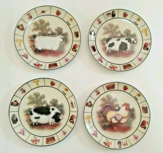 Decorative Plates Set Of 4 Barnyard Rooster Cow Sheep Pig 8 " Vintage Look