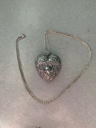 Vintage Sterling Silver Puffy Heart Locket Pill Pendant On 30” Rope Chain