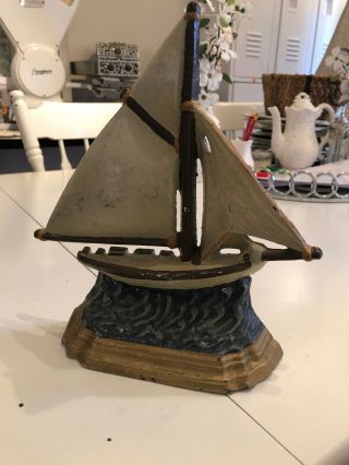 Vintage Cast Iron Nautical Sail Boat Door Stopper 10”x9.  5”