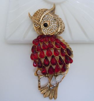 Huge Vintage Weinberg York Owl Brooch Pin - Red Cabochons Clear Rhinestones