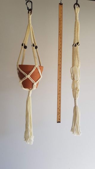 Set Of 2 Vintage Hand Made Macrame 3 Ft,  Pot Hanging Holders With Wooden Beads