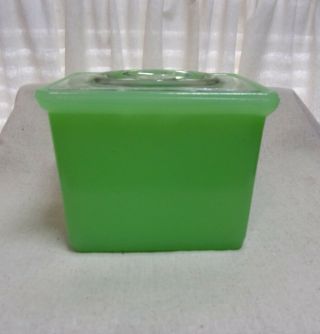 Vintage Jadite Green Glass 4 " Tall Refrigerator Jar W/ Clear Lid - -