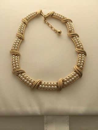 Vintage Trifari Pearl Gold Tone Adjustable Necklace 16” Coller/ Choker