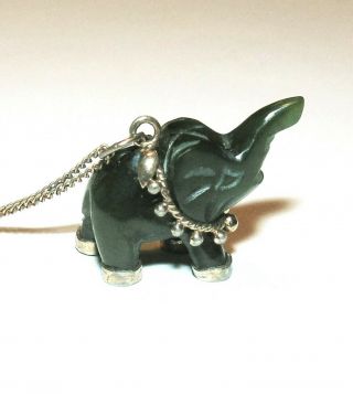 Vintage Spinach Green Jade Elephant Pendant Charm On Gold Filled Chain