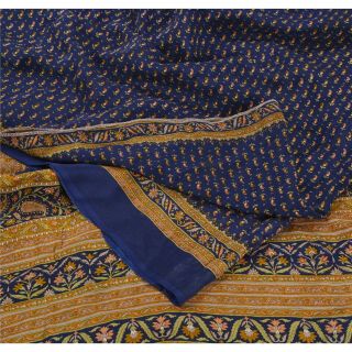 Sanskriti Vintage Blue Saree 100 Pure Crepe Silk Printed Fabric 5yd Craft Sari