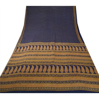 Sanskriti Vintage Blue Saree 100 Pure Crepe Silk Printed Fabric 5Yd Craft Sari 3