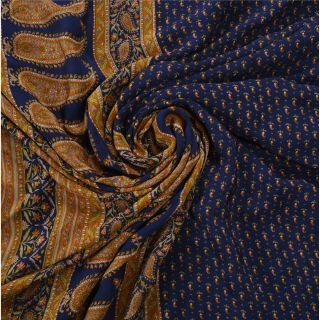 Sanskriti Vintage Blue Saree 100 Pure Crepe Silk Printed Fabric 5Yd Craft Sari 4